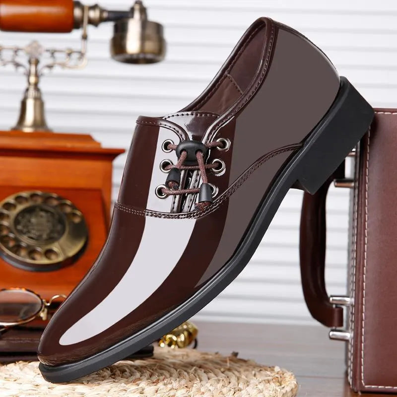 Men's black and brown formal business shoes with square heel and round toe.