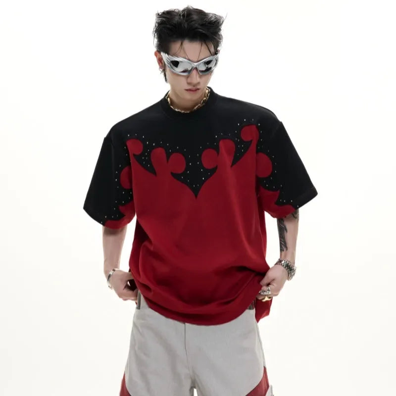 Men's cotton short sleeve shirt with three-dimensional burnt flower stitching and round neck