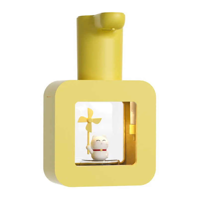 Pink automatic soap dispenser with cartoon unicorn design for children's handwashing