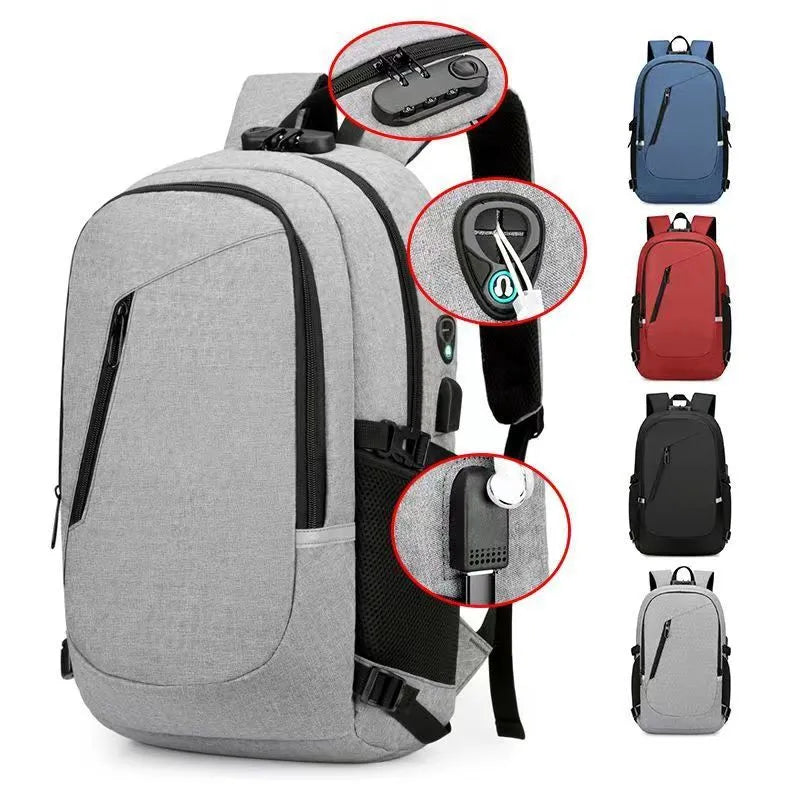 Oxford cloth computer backpack in blue colour showing front storage compartment and adjustable shoulder straps