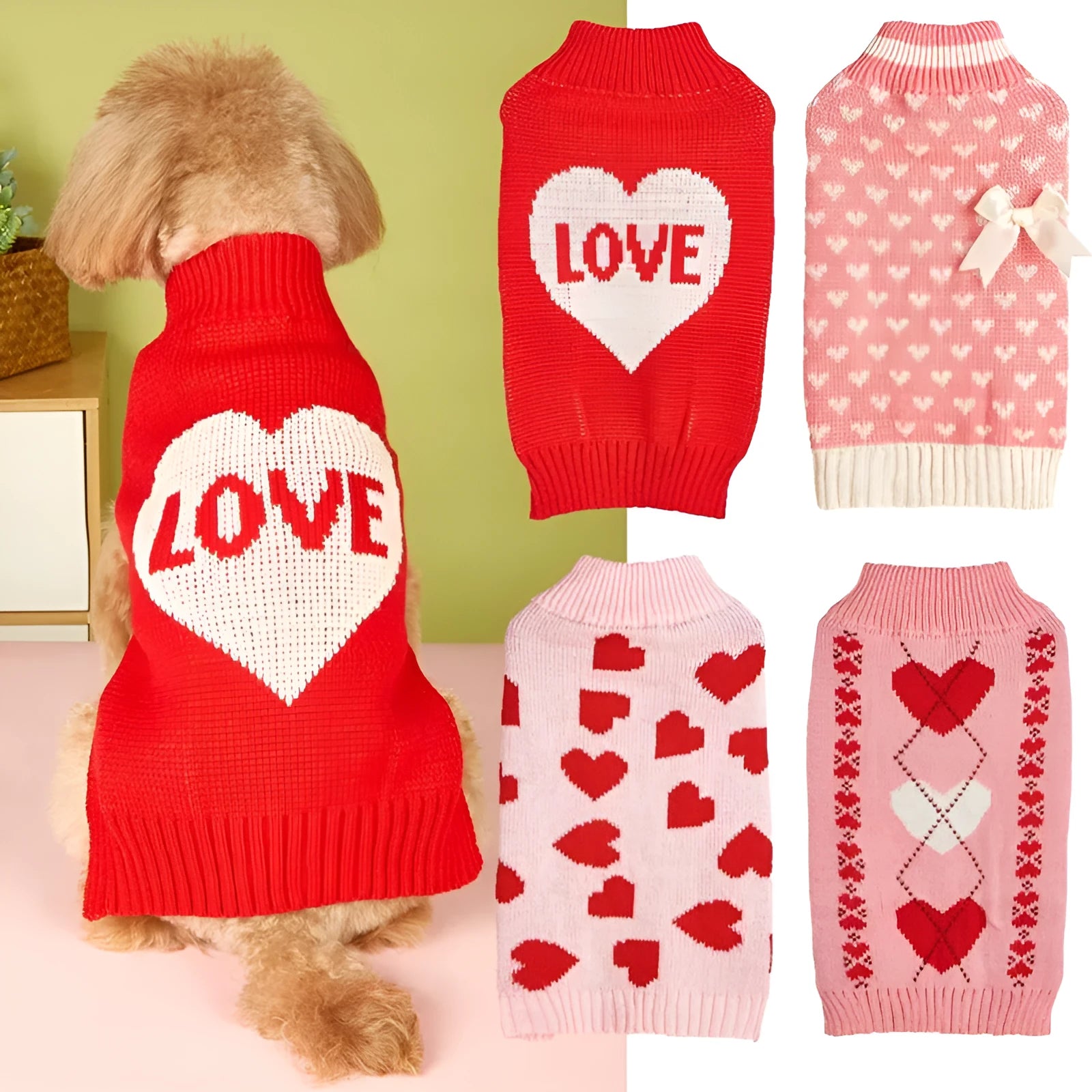 Red love heart and pink bow design on an acrylic dog sweater for small to large pets.