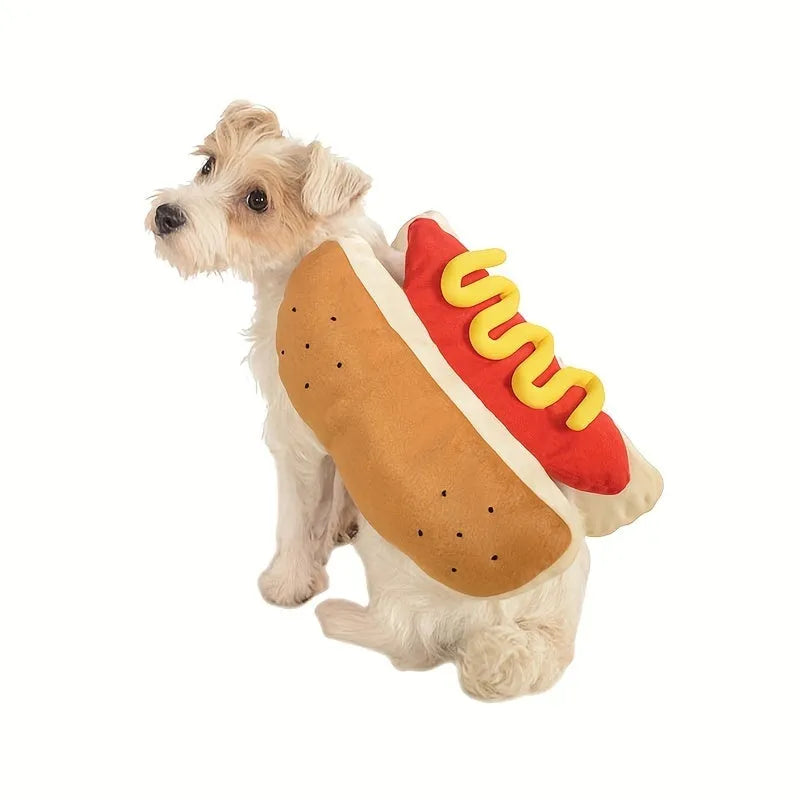 Small dog wearing a brown and yellow stuffed hot dog costume coat with S M L sizing options