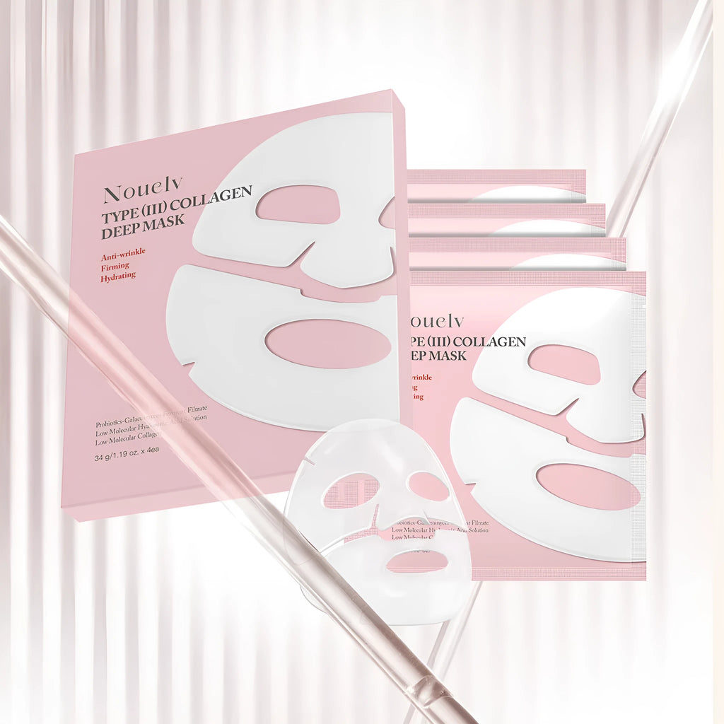 Box containing four white collagen facial patch masks for skincare.