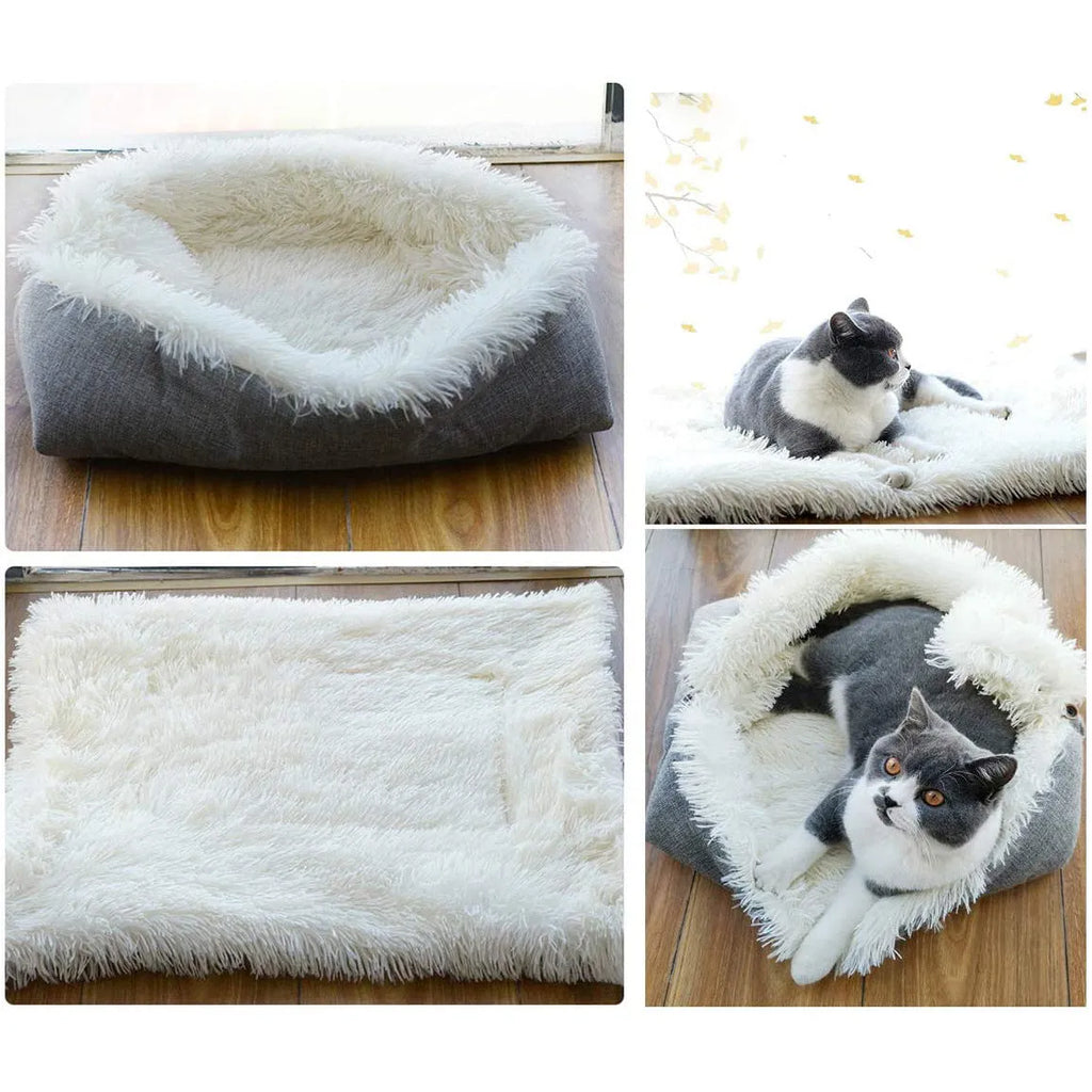 Grey pet plush sleeping pad measuring 61cm by 51cm with a black non-slip bottom.