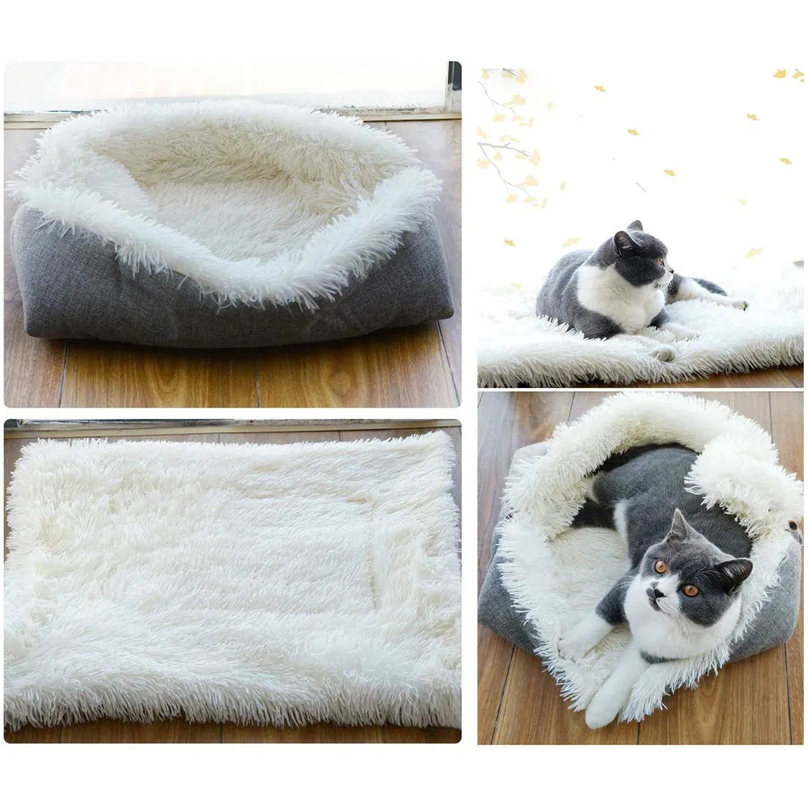 Grey pet plush sleeping pad measuring 61cm by 51cm with a black non-slip bottom.