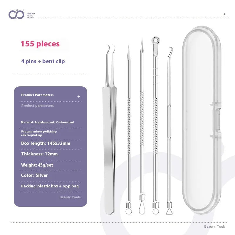 Four silver metal acne needles with fine pointed tips for blackhead removal.