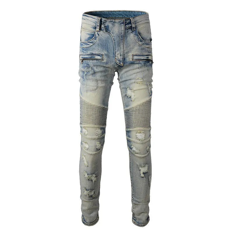Light blue men's slim fit distressed jeans with hand-frayed details and a light straight leg cut.