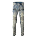 Light blue men's slim fit distressed jeans with hand-frayed details and a light straight leg cut.