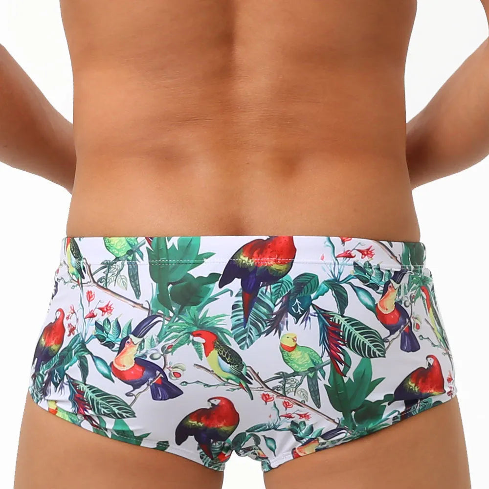 Men's flower and bird print swimming trunks in small boxer brief style with nylon fabric