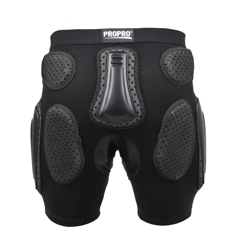 Black cycling hip protection pants with removable gel pads and adjustable leg length system