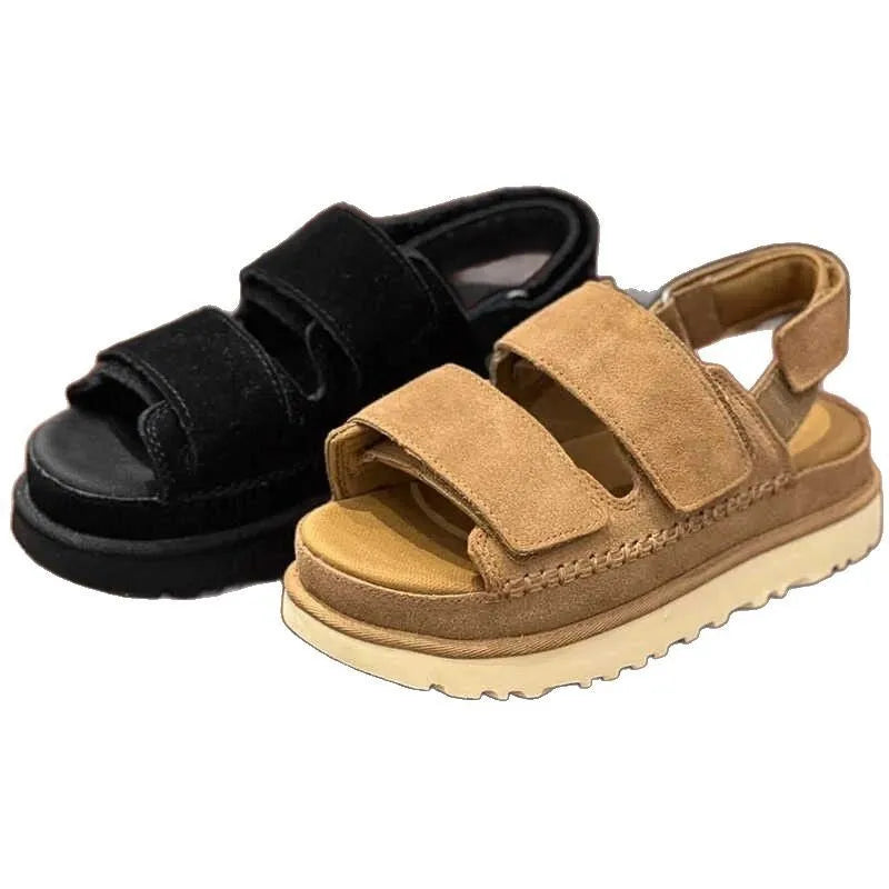 Maroon women's plus-size peep toe platform sandals with a Velcro strap and suede uppers.