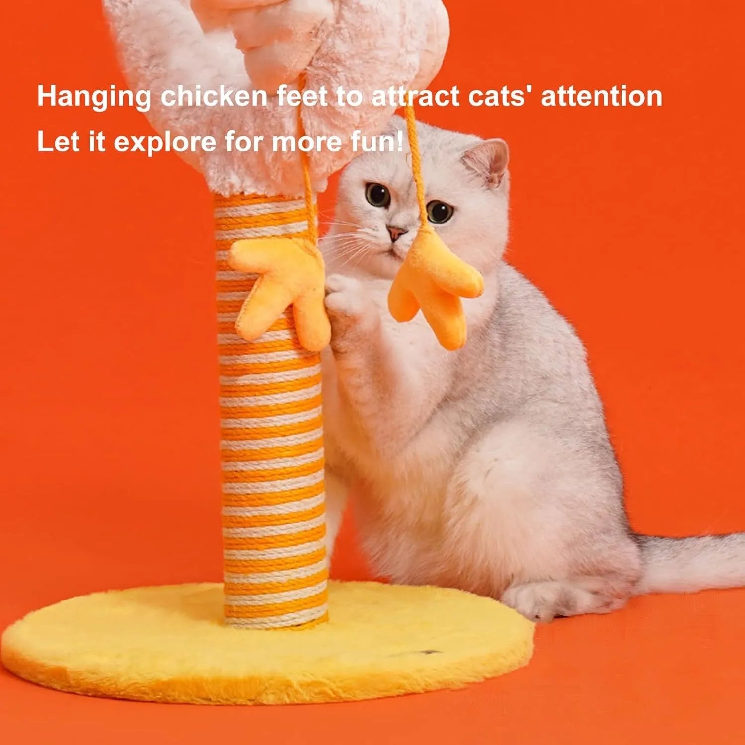Yellow U-shaped sisal cat scratching post 35x35x88cm with spring ball toy and solid wood base for indoor cats.