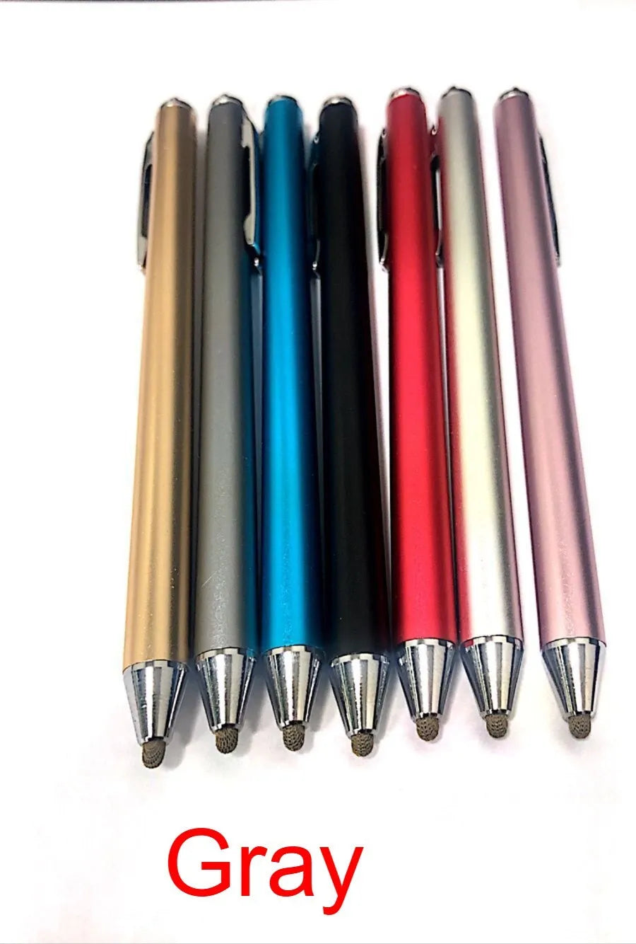 Metal fine-tip capacitive stylus pen in seven colour options on a touchscreen tablet.