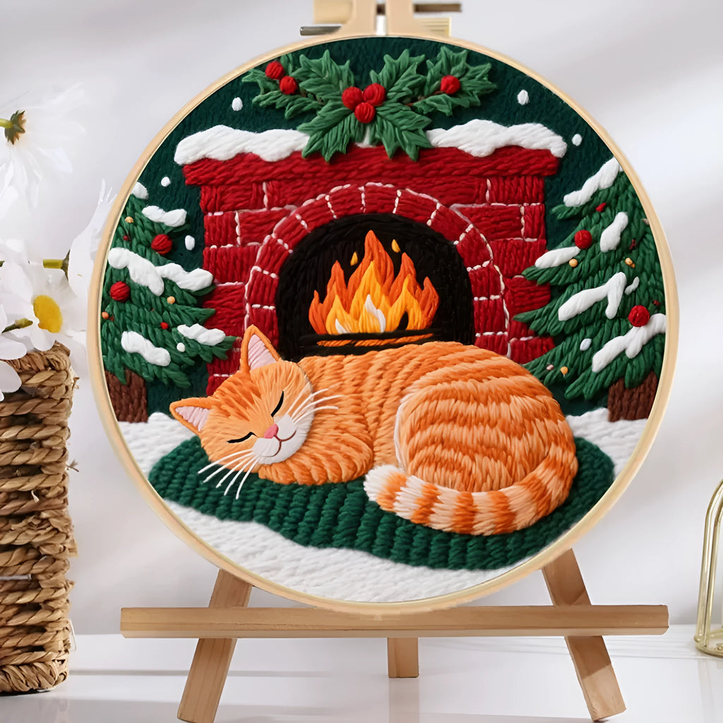 Embroidery fabric DIY material package showing cotton and linen fabrics with autumn fruit patterns for cat designs