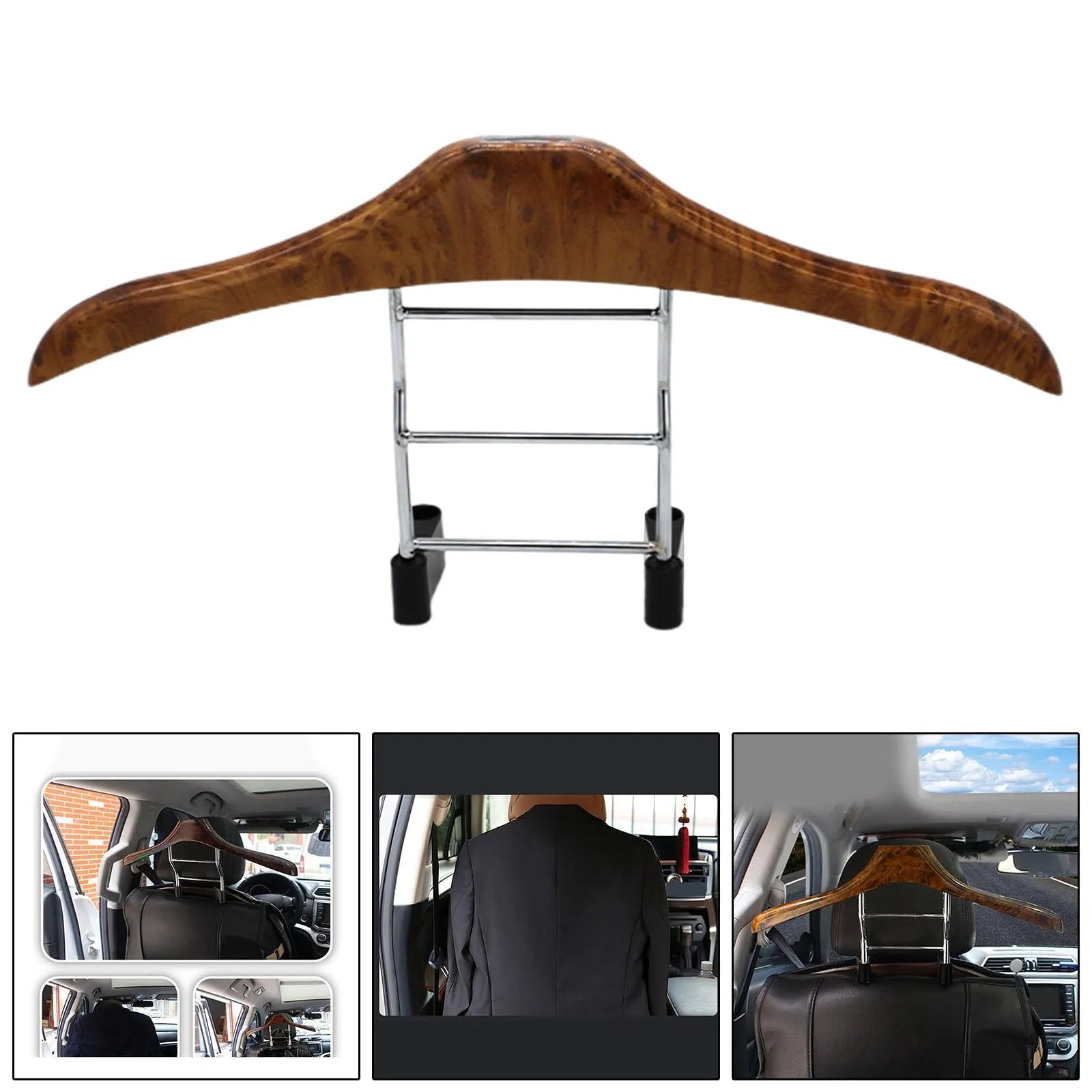 Wood yellow stainless steel car mounted clothes hanger holding a suit jacket on a car seat