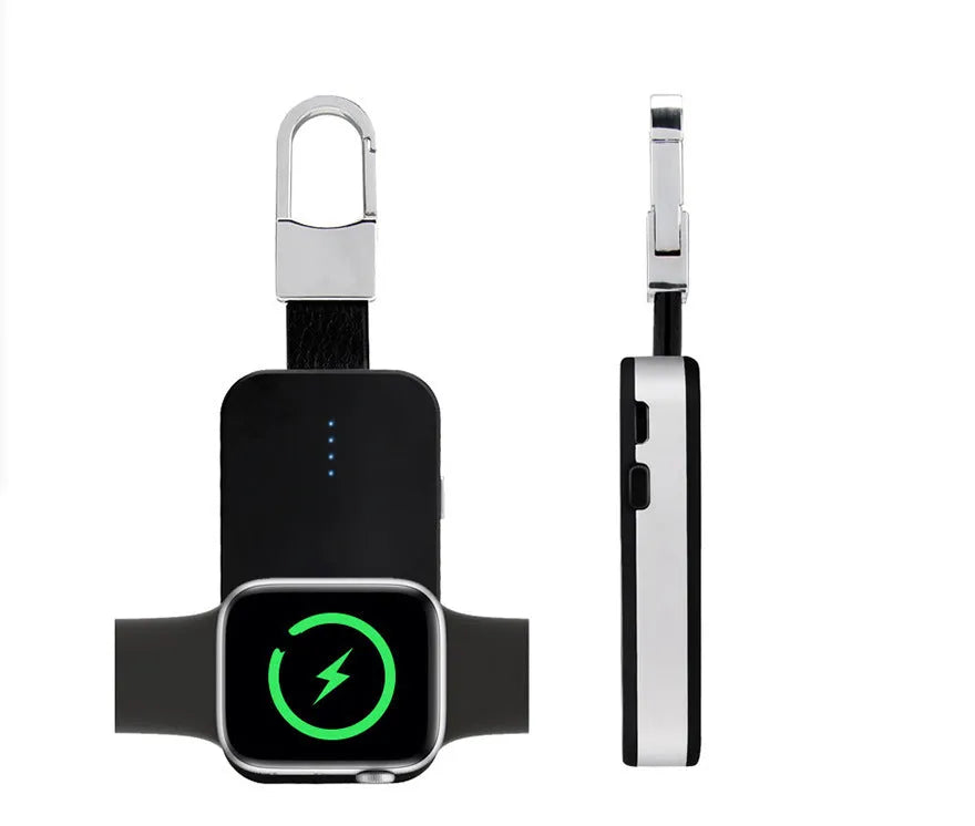 Black portable Apple Watch wireless charger and power bank with keychain loop