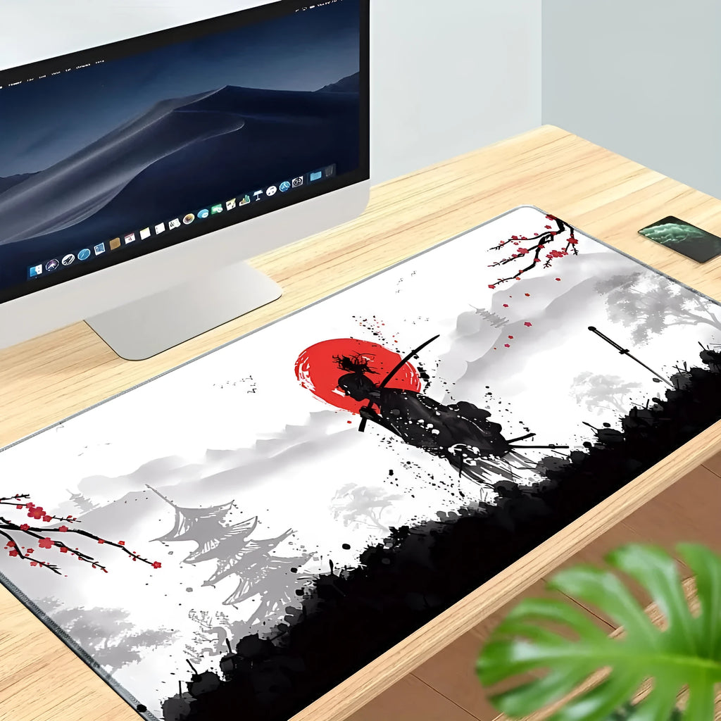 Japanese Samurai design gaming mouse pad on desk with non-slip rubber base