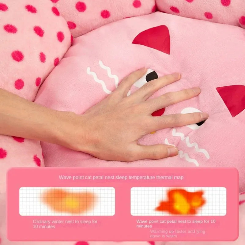 Pink dot fabric princess-style cat bed cushion shown in two sizes for small and medium cats.