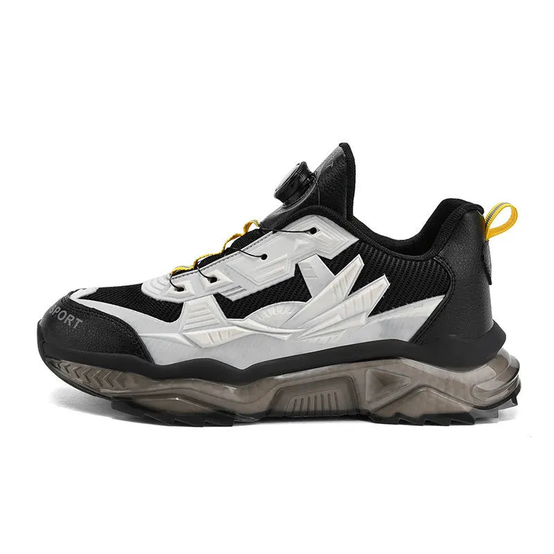 Men's black casual rotating button dad shoes with a low-top platform sole.