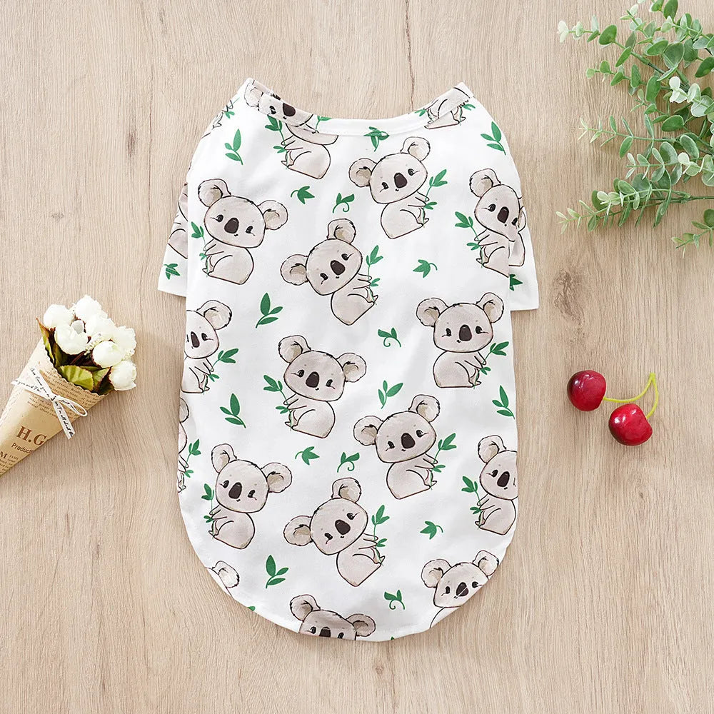 Small dog wearing full-print polyester t-shirt in casual style for spring or autumn
