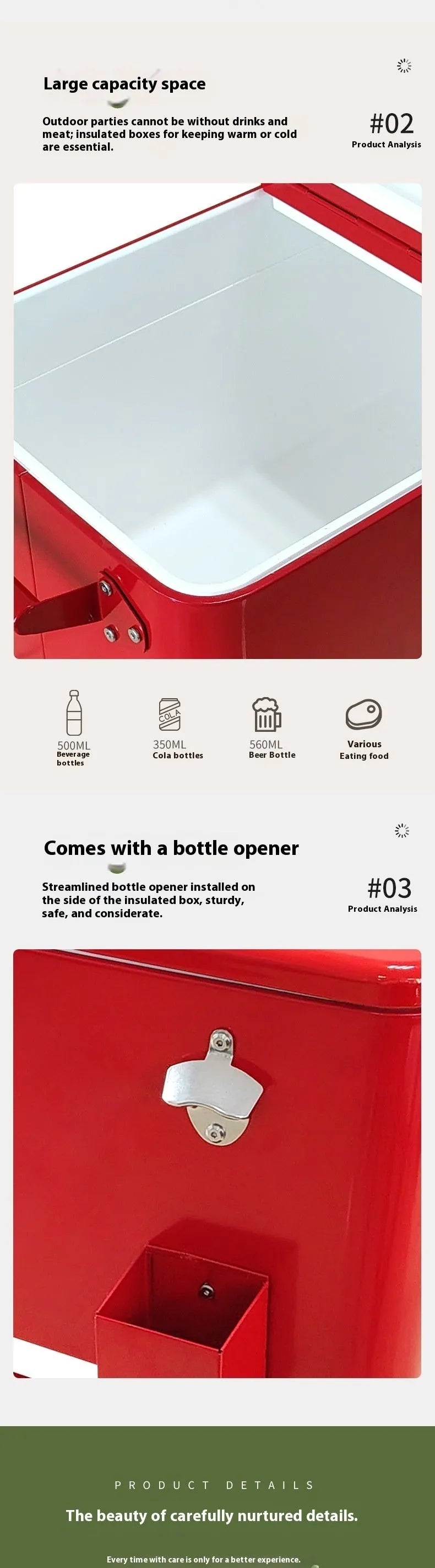 Red outdoor metal trolley with an integrated insulated cooler box, showing wheels and a 750 capacity.