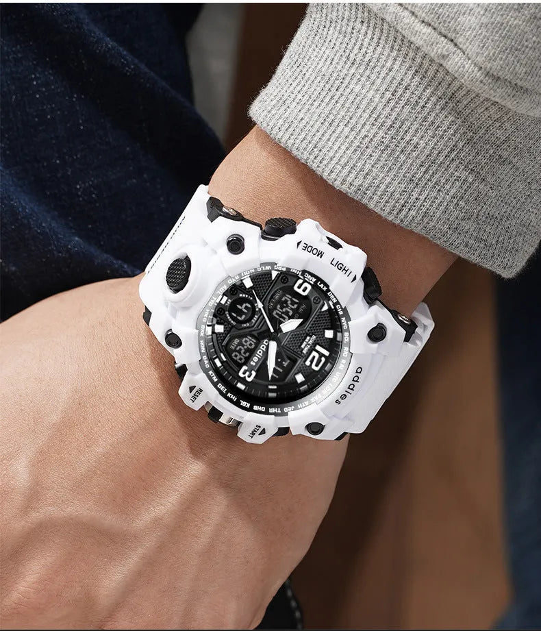 Men's black electronic sports watch showing analog hands and digital display on a plastic strap