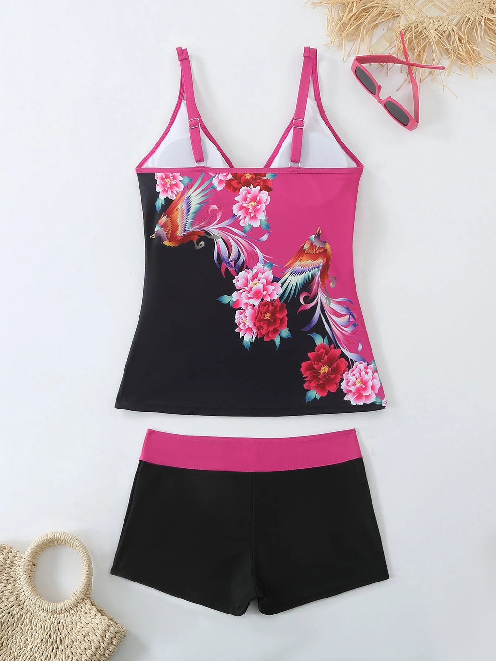 Plus size women's split swimsuit in black or rose red with printed design and cotton lining