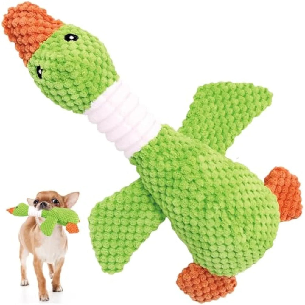 Blue, green or grey duck-shaped dog plush toy with squeakers, measuring 33 cm