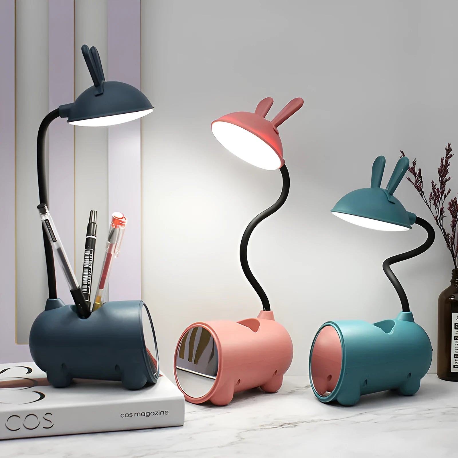 Cartoon-style USB desk lamp with pen container in dark blue, green or pink colours