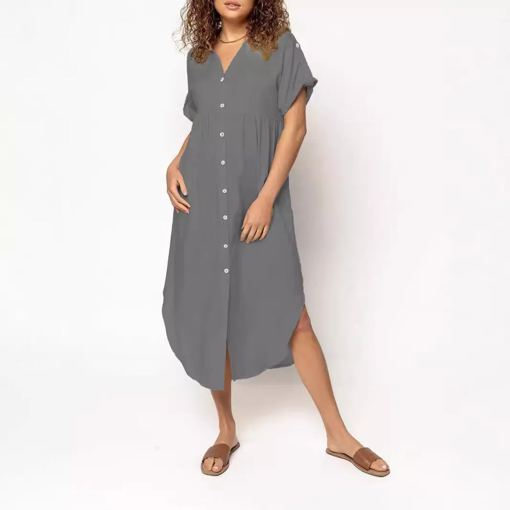 Casual mid-length button-front dress in solid colour with regular sleeves and mid-waist cut