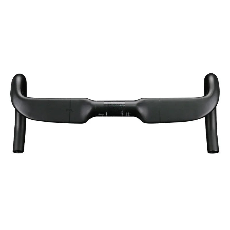 Carbon fibre road bicycle handlebar showing red double line graphic and 420mm width