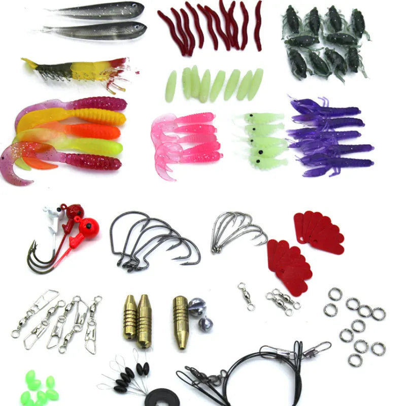 132 piece multi-function fishing lure suit with soft baits and high carbon steel hooks in Rose Red case