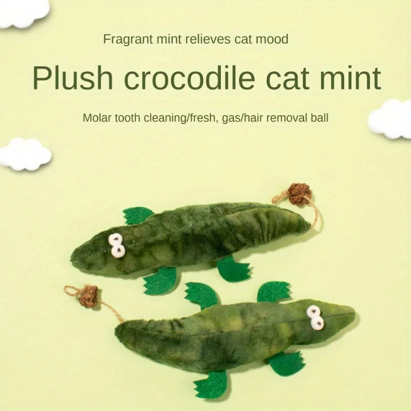 Green plush alligator cat toy measuring 30cm with peppermint scent for oral cleansing