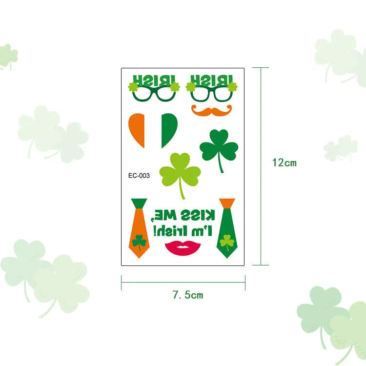 Temporary tattoo sticker sheet with St. Patrick's Day clover designs for Irish festival face painting