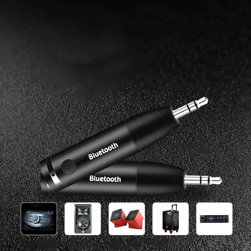 Black Bluetooth audio receiver with 3.5mm aux plug for car and home stereo wireless music streaming