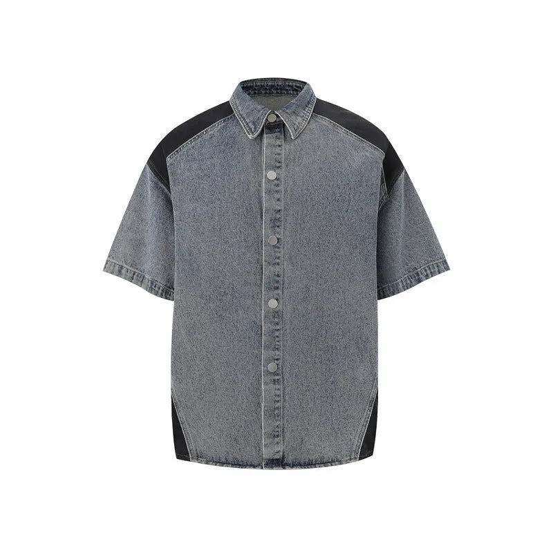 Retro washed denim jacket and trousers suit set in blue or black with short sleeves and loose fit