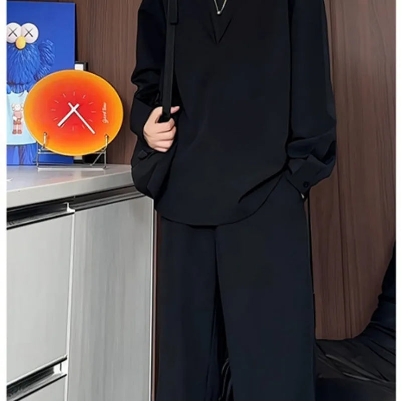 Men's black slim fit hemp polo shirt and trousers two-piece casual set