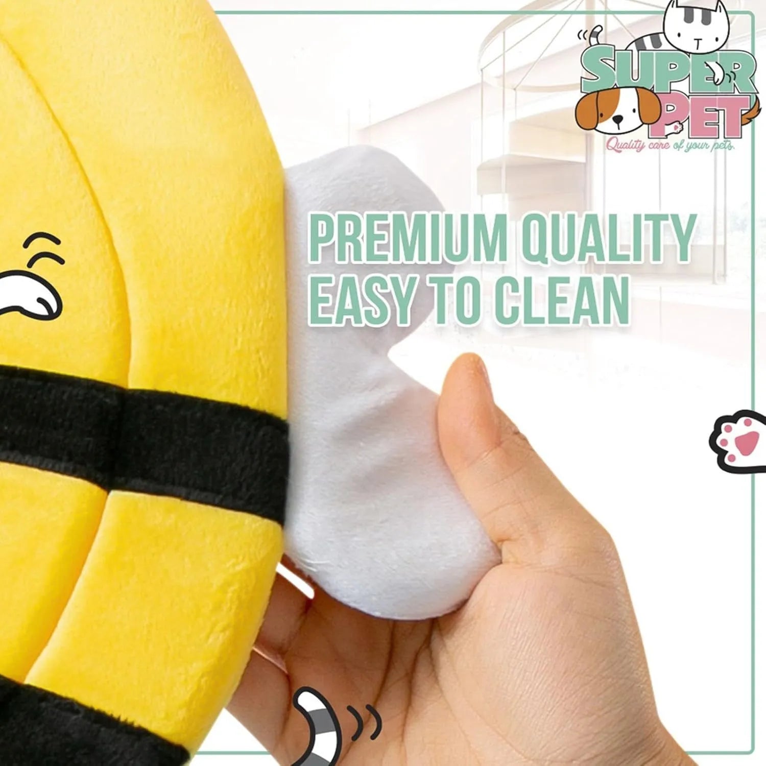 Soft white cat cone collar with black bee design and adjustable Velcro closure.