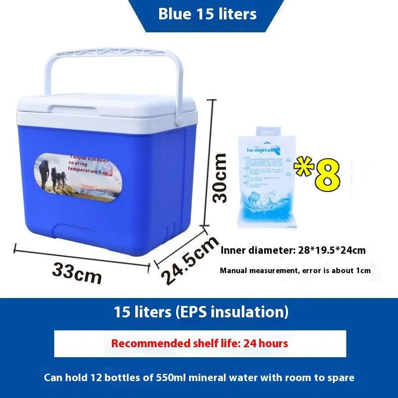 Blue aluminium foil insulated cooler box with foam insulation in various capacity sizes.
