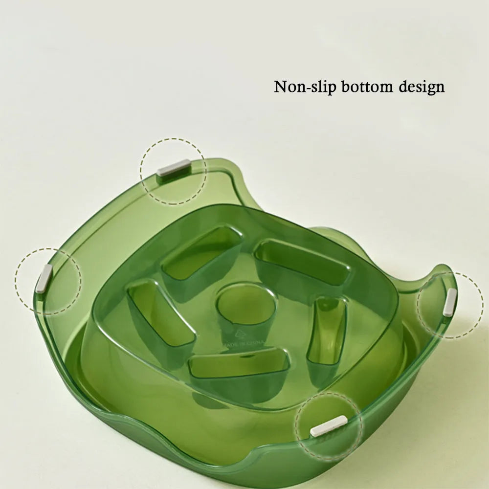 Blue plastic dog slow feeder bowl with anti-choking design on a white background