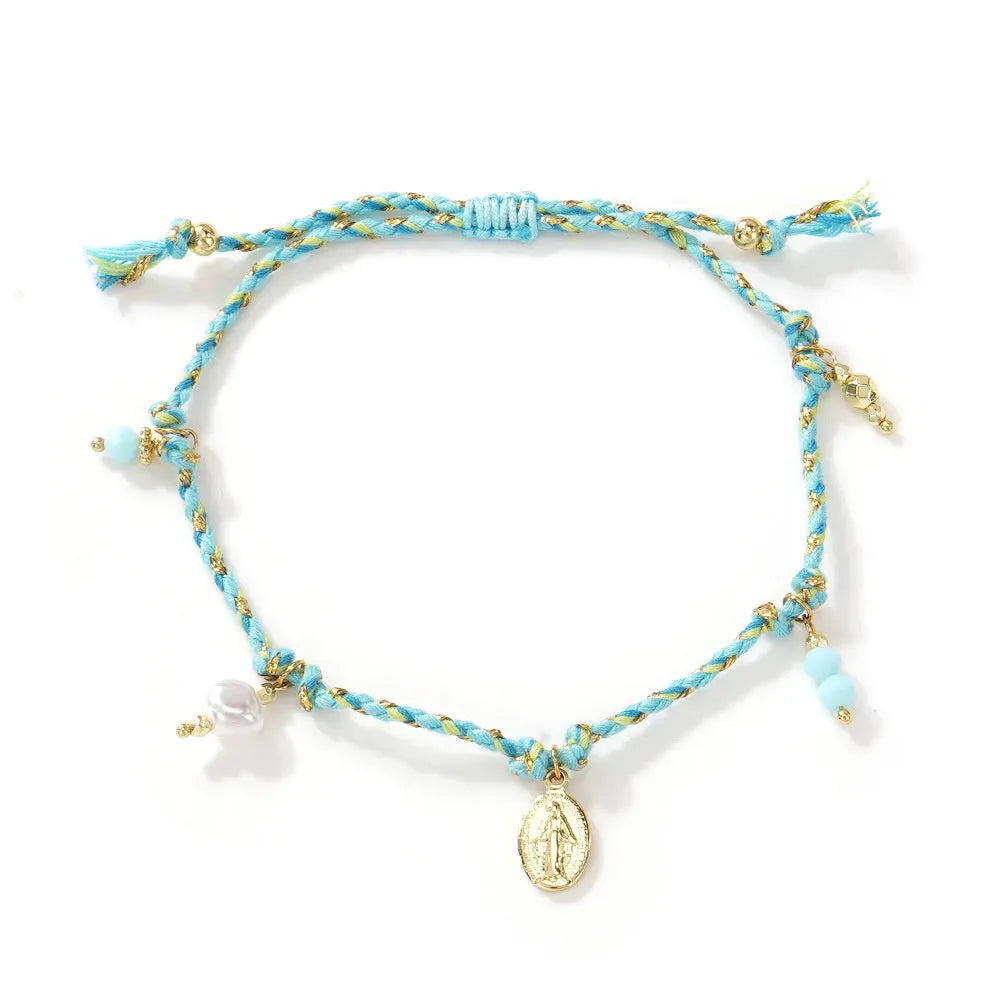 Women's colourful woven bracelet with braided rope material and adjustable carrying strap design in ethnic style