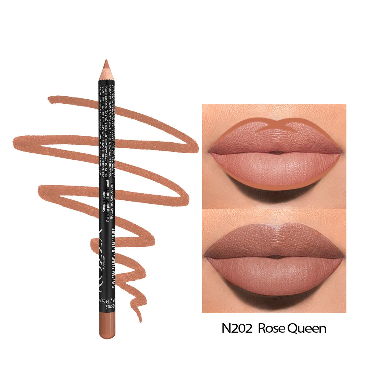 Matte finish lip liner pencil in wooden casing, shown in one of 14 available shades including nudes and reds.
