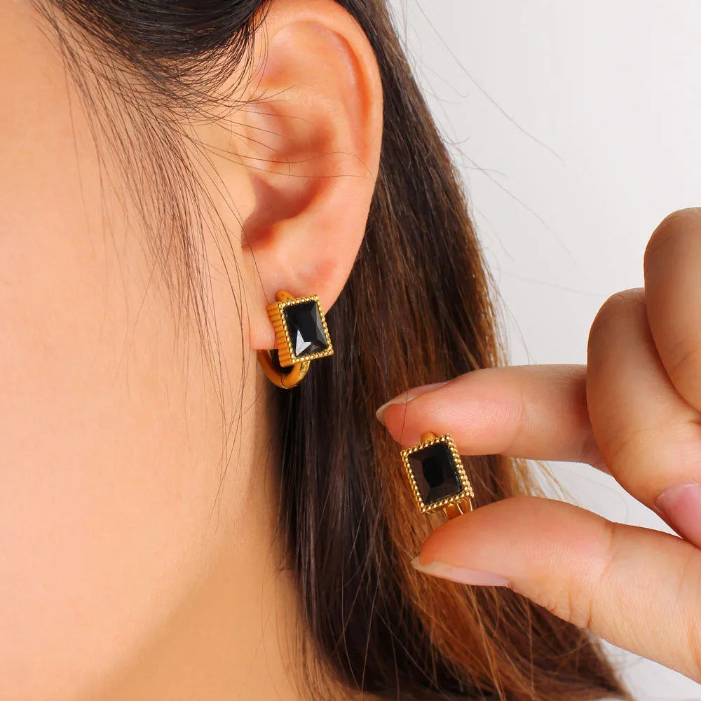 Women's stainless steel earrings with square zircon geometry design in black, green or white