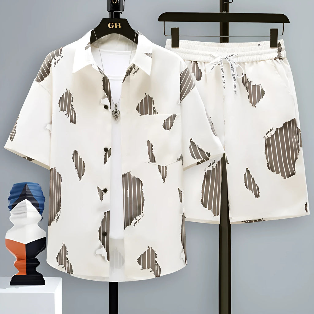 Men's casual two-piece set with short sleeve top and matching shorts in polyester fabric