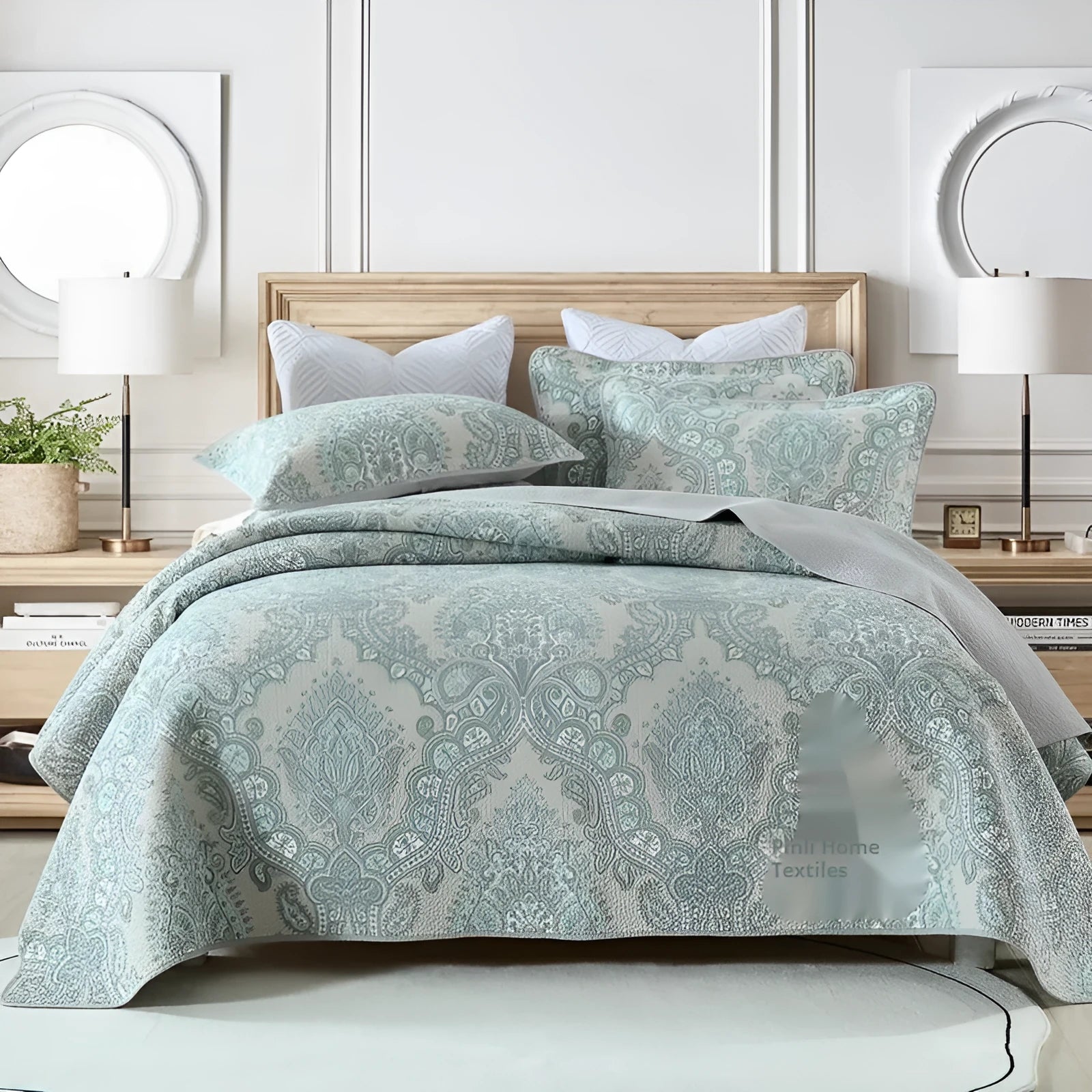 Pure cotton geometric pattern bedspread three-piece set showing double-sided design for 1.8 metre bed