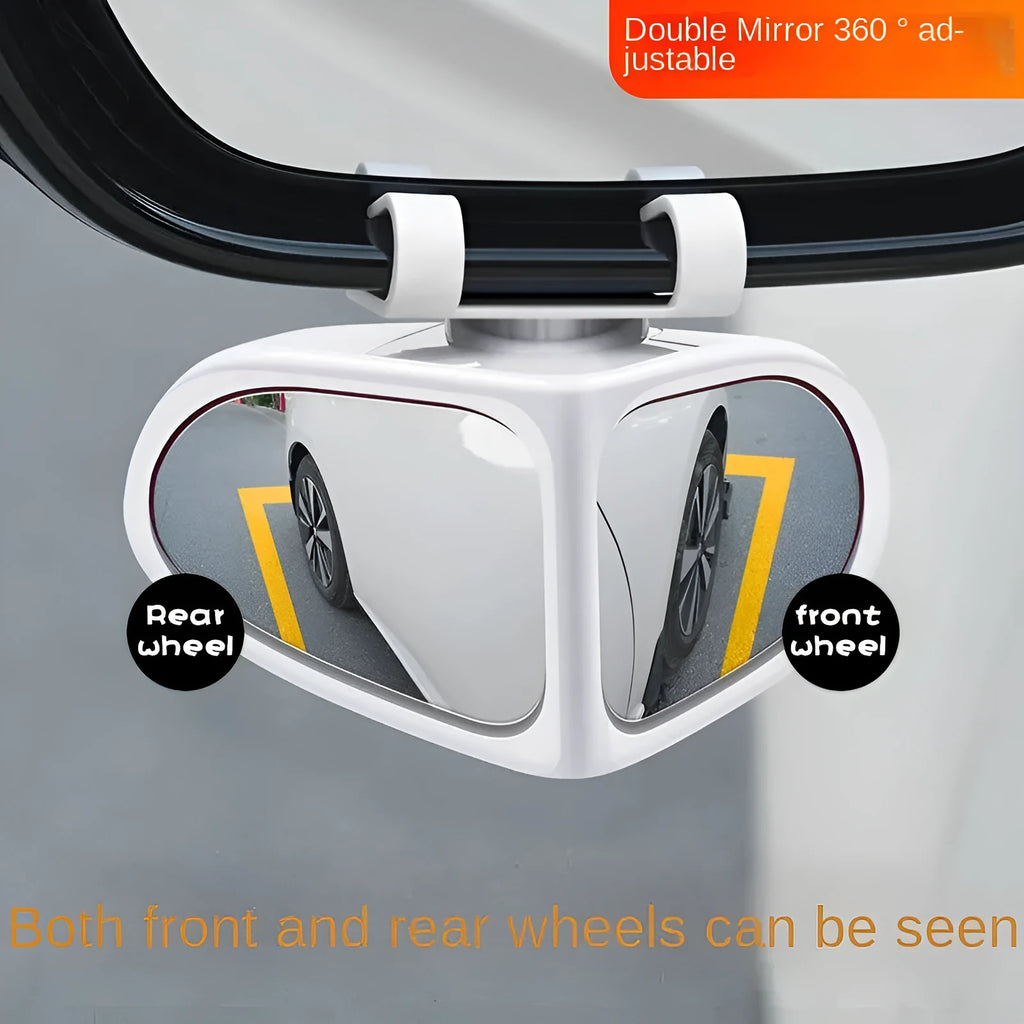 Adjustable wide-angle car reversing mirror on a vehicle, showing black ABS shell.