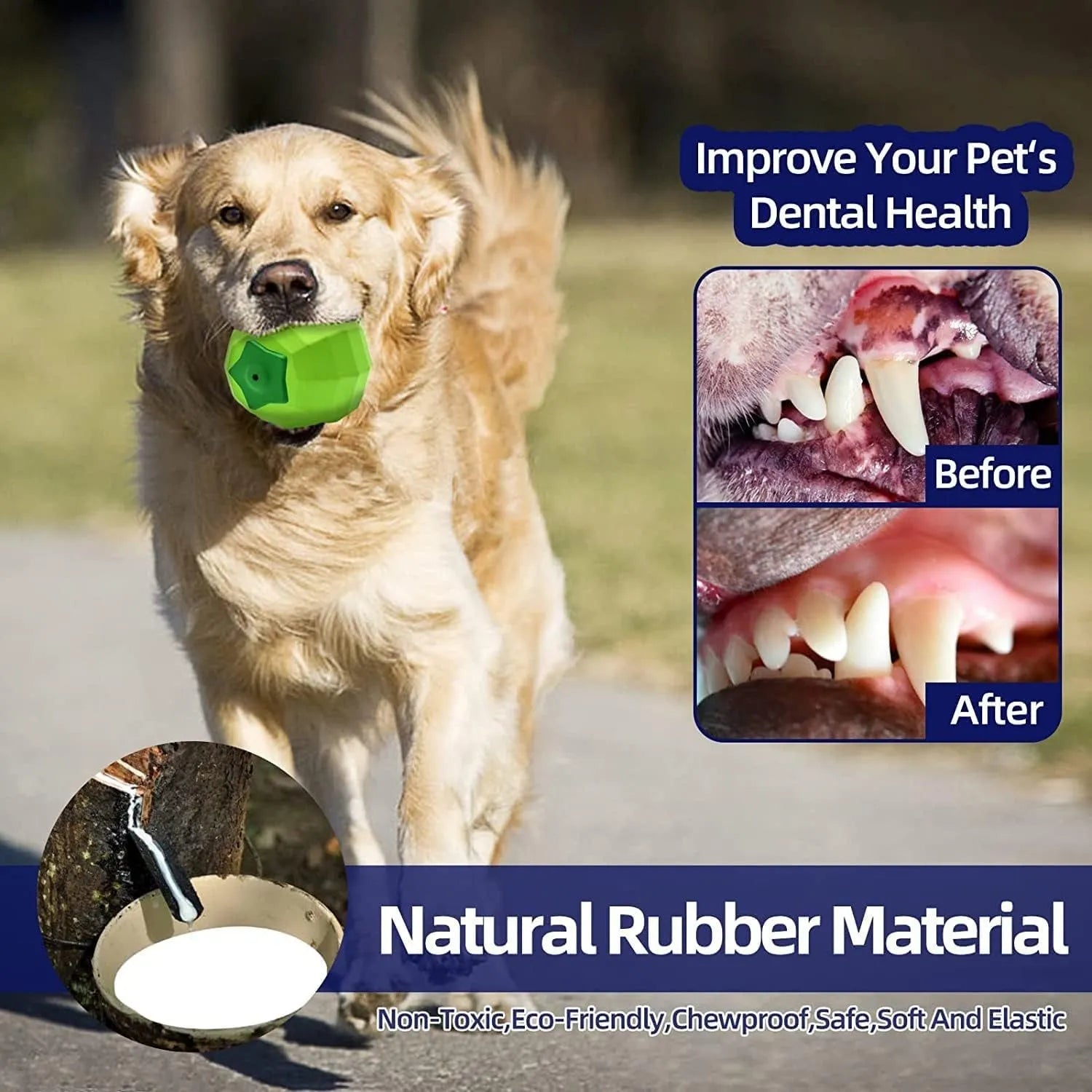 Green natural rubber dog squeaky toy ball for aggressive chewers, 90mm diameter