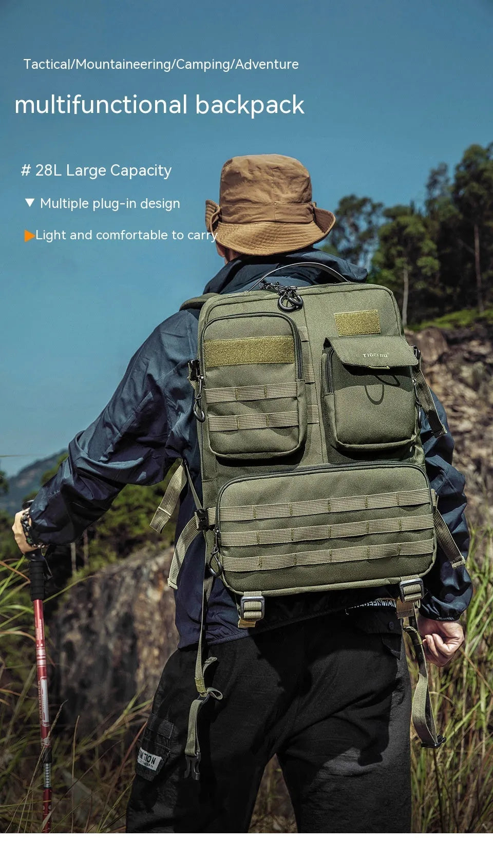 Army Green tactical backpack with waterproof nylon construction and 17 inch size