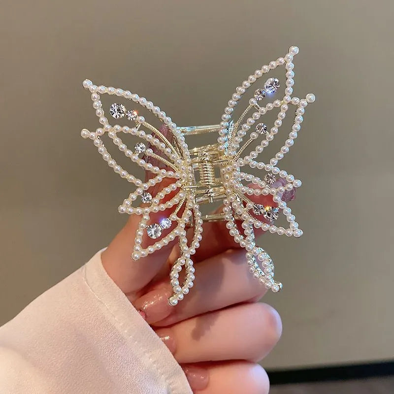Butterfly hair barrettes for women in alloy with rhinestone or pearl decoration