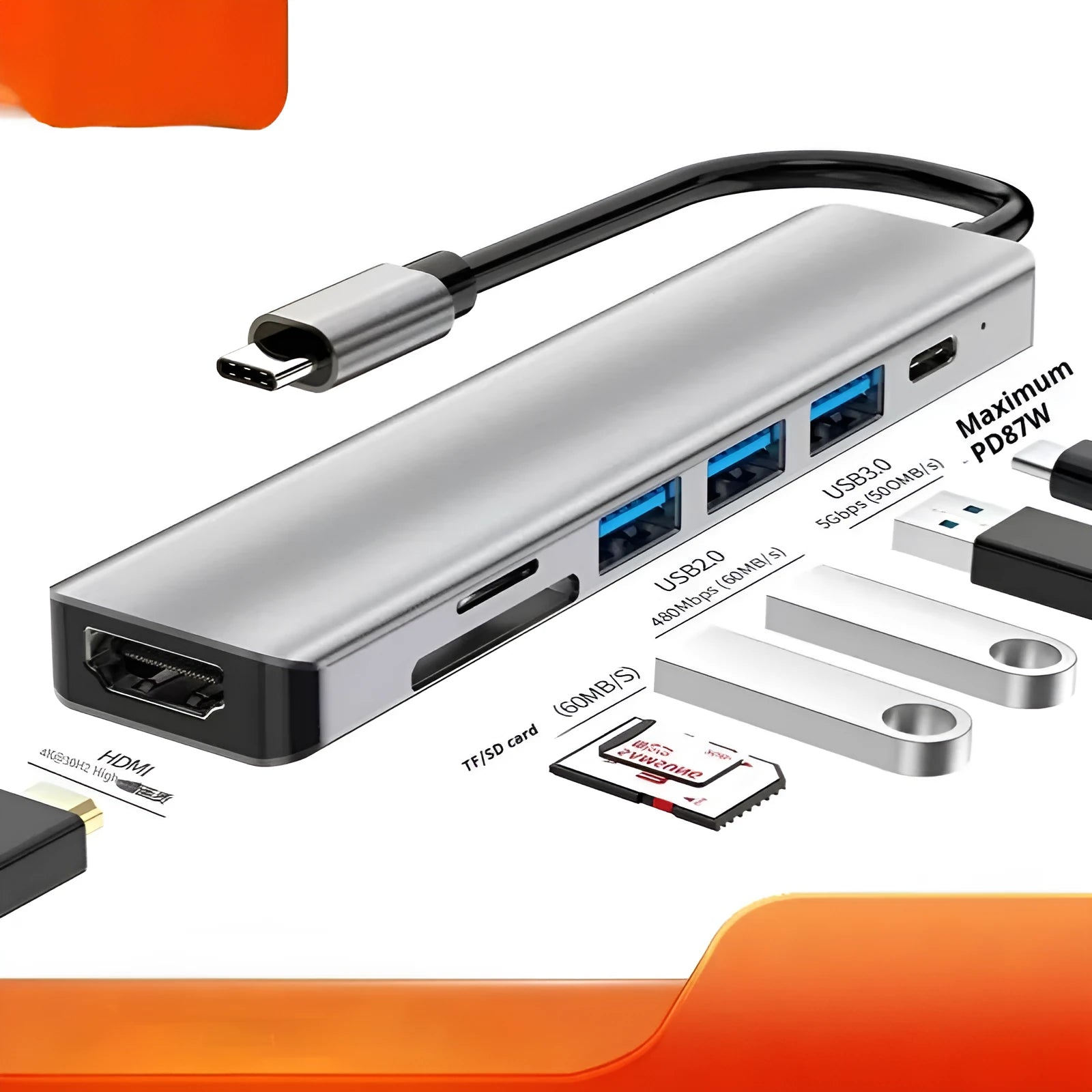 Type-C 7-in-1 expansion dock with HDMI port, USB connectors, and 15cm cable for laptop and tablet connectivity